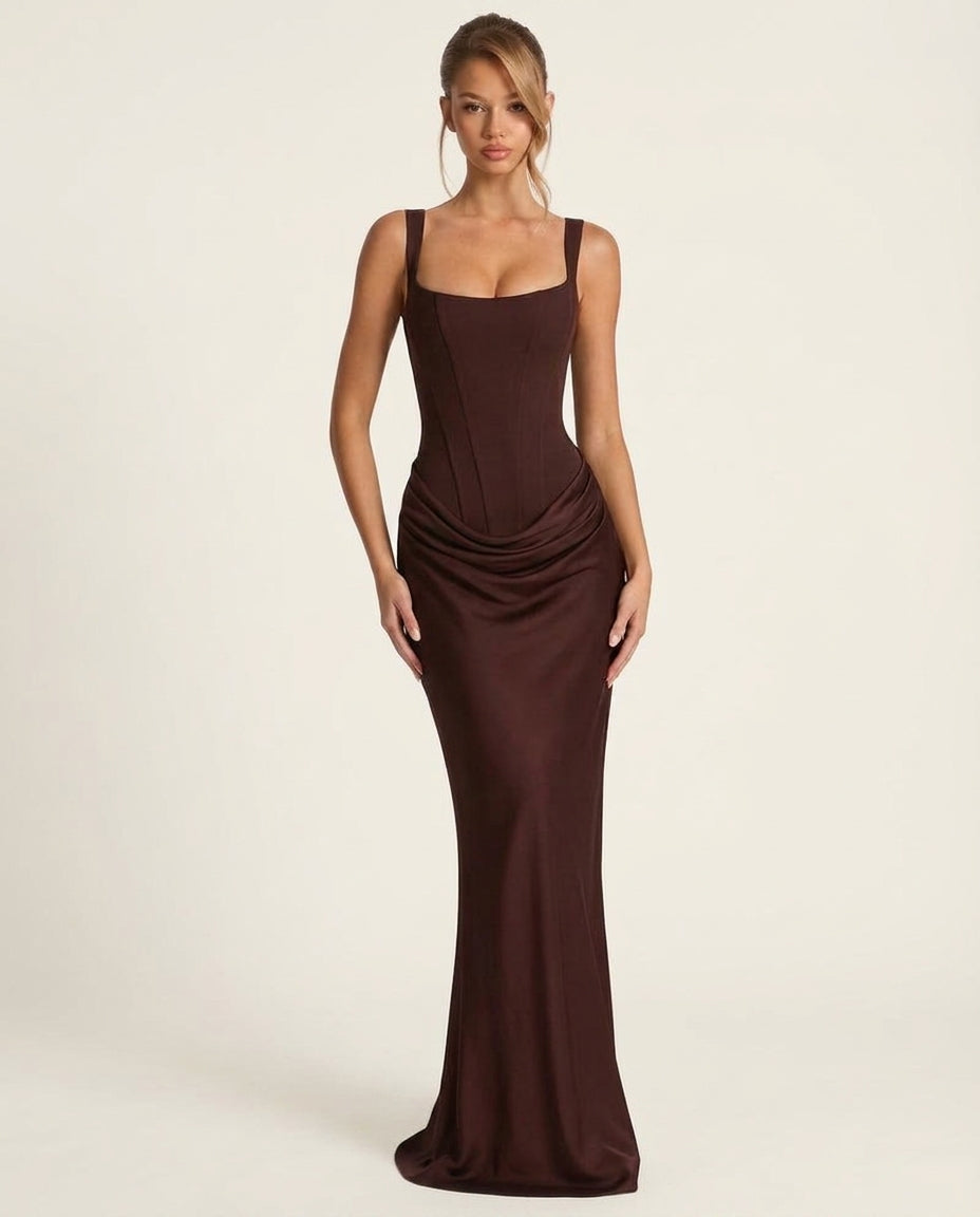 Square Neck Corset Bodice Ruched Satin Maxi Gown