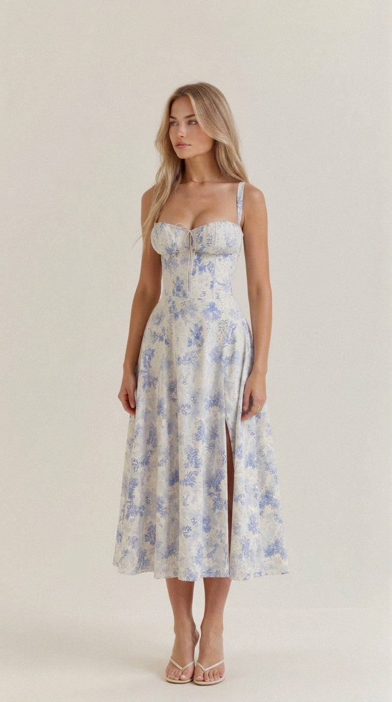 Floral Sweetheart Neck Tie Front High Split Midi Dress