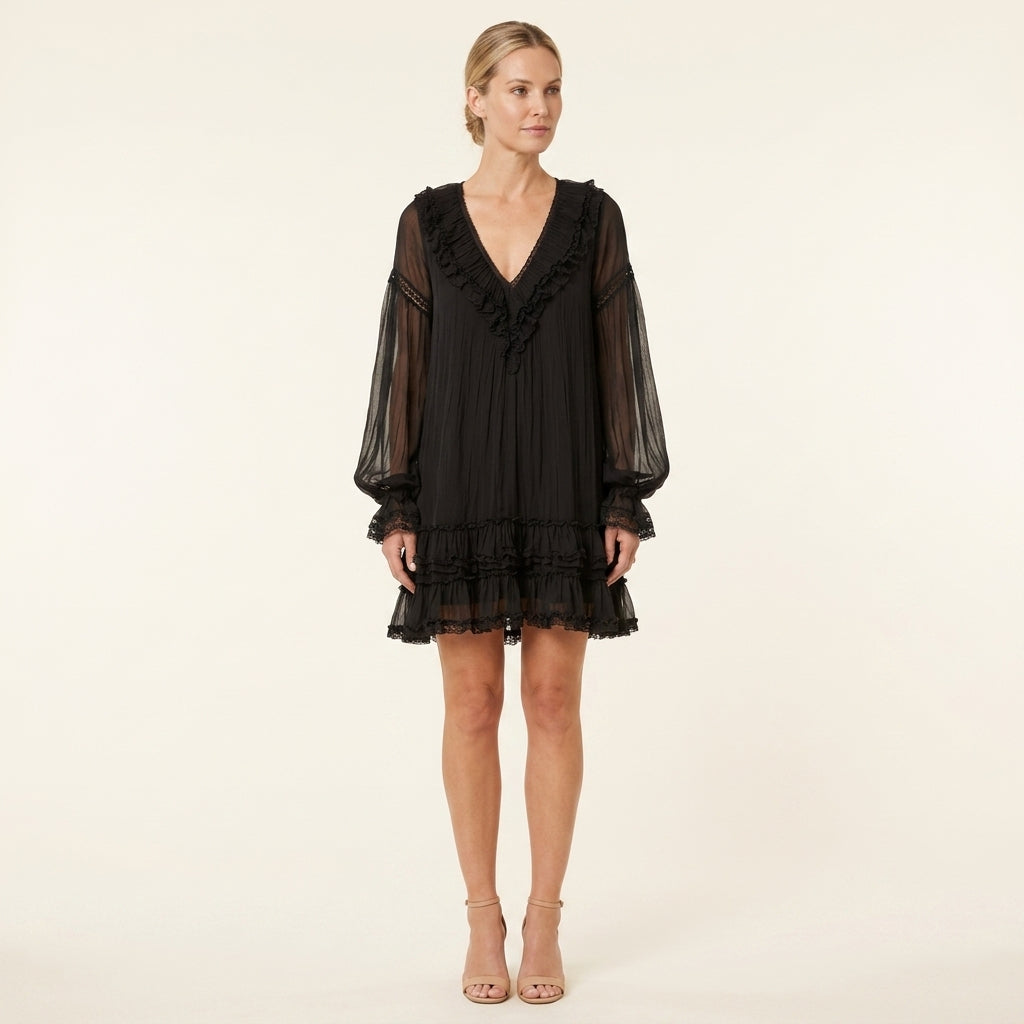 V-Neck Long Sleeve Ruffle Tiered Sheer Mini Dress