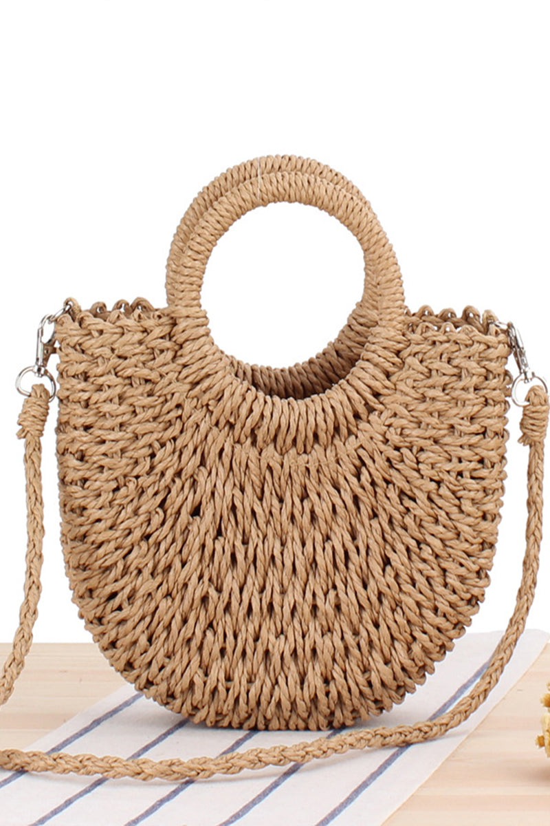 Semicircle Top-Handle Woven Straw Beach Handbag - Fashionpara