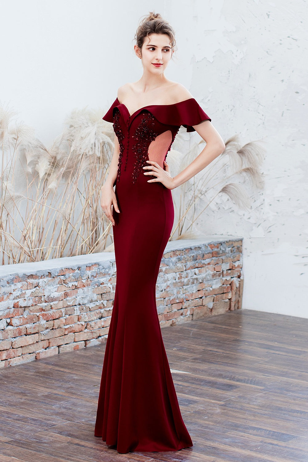 Off Shoulder Ruffle Beaded Mermaid Formal Gown - View 7