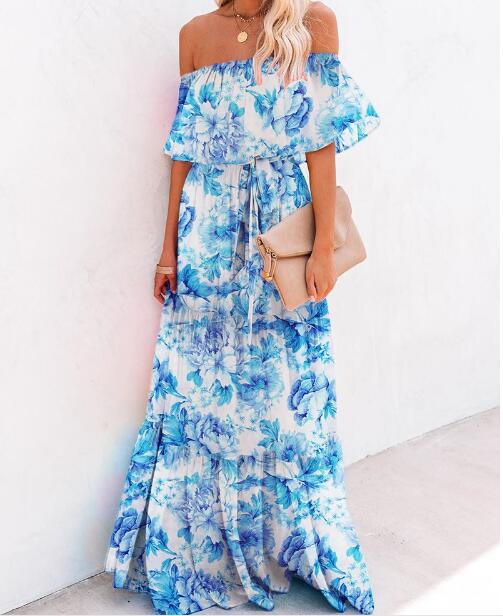 Floral Print Off Shoulder Ruffle Tiered Maxi Dress