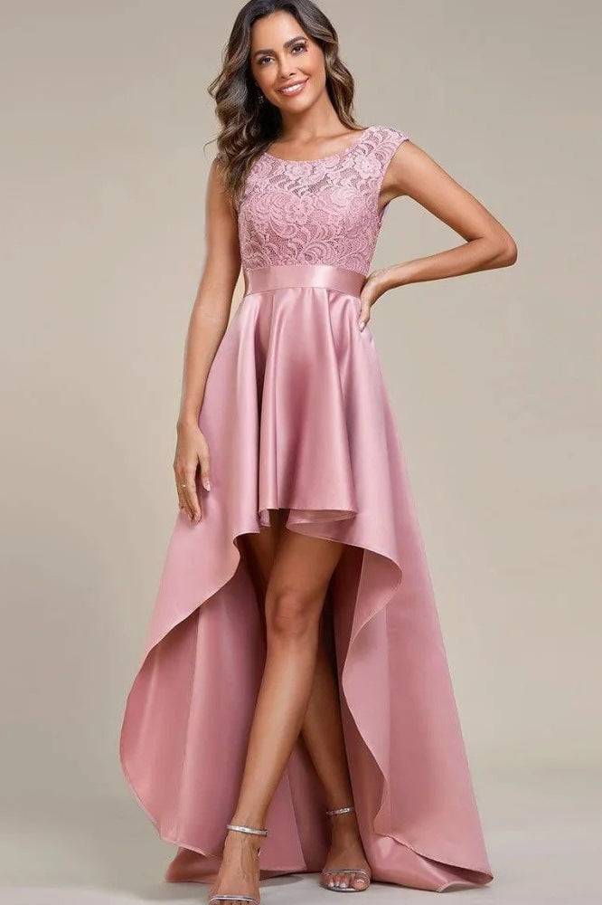 Lace Bodice Cap Sleeve High Low Satin Prom Dress 3