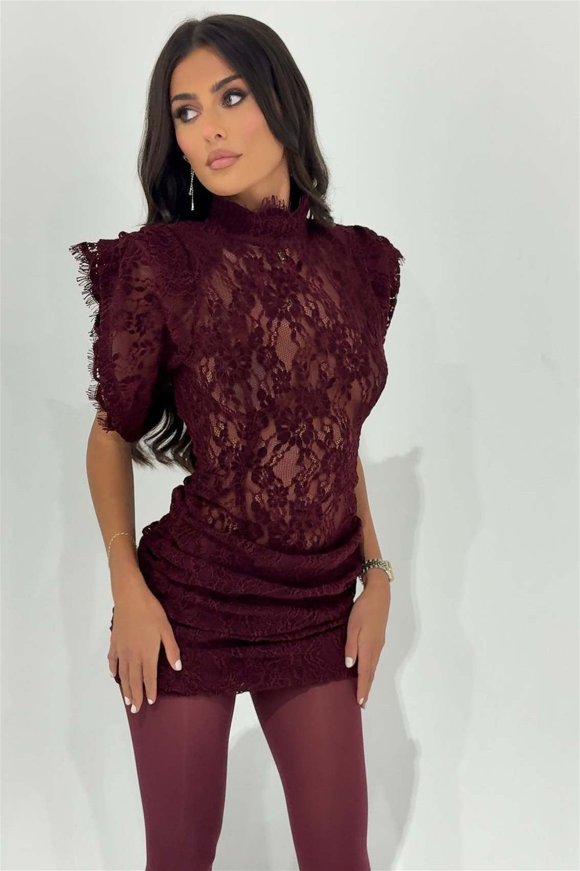 Lace High Neck Ruffle Sleeve Bodycon Mini Dress 11