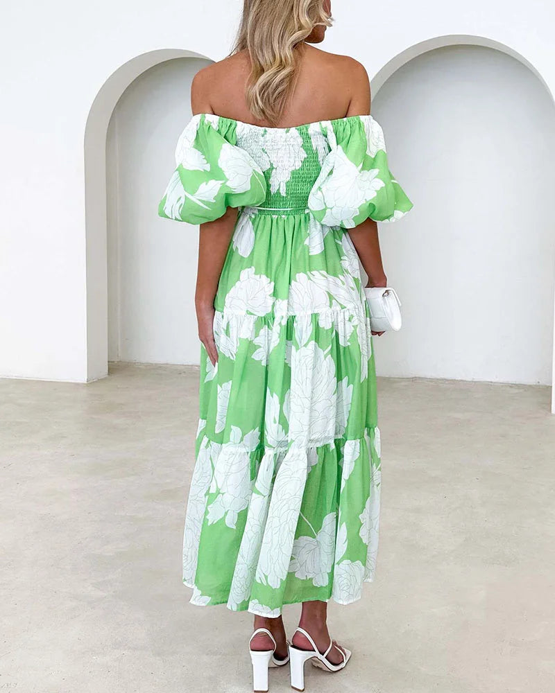 Elegant printed one-shoulder puff-sleeve dress - Fashionpara