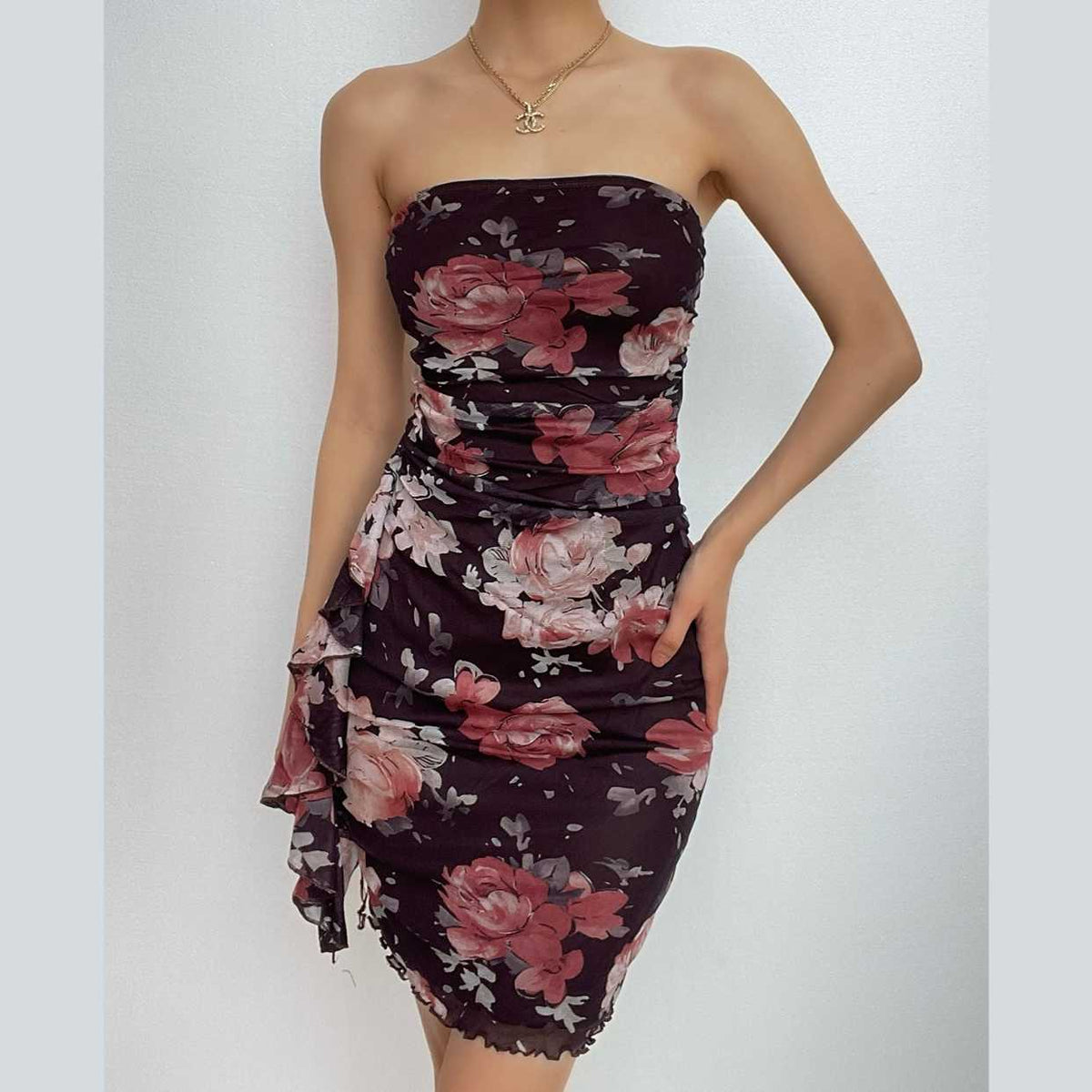 Floral Print Mesh Strapless Ruched Ruffle Bodycon Mini Dress