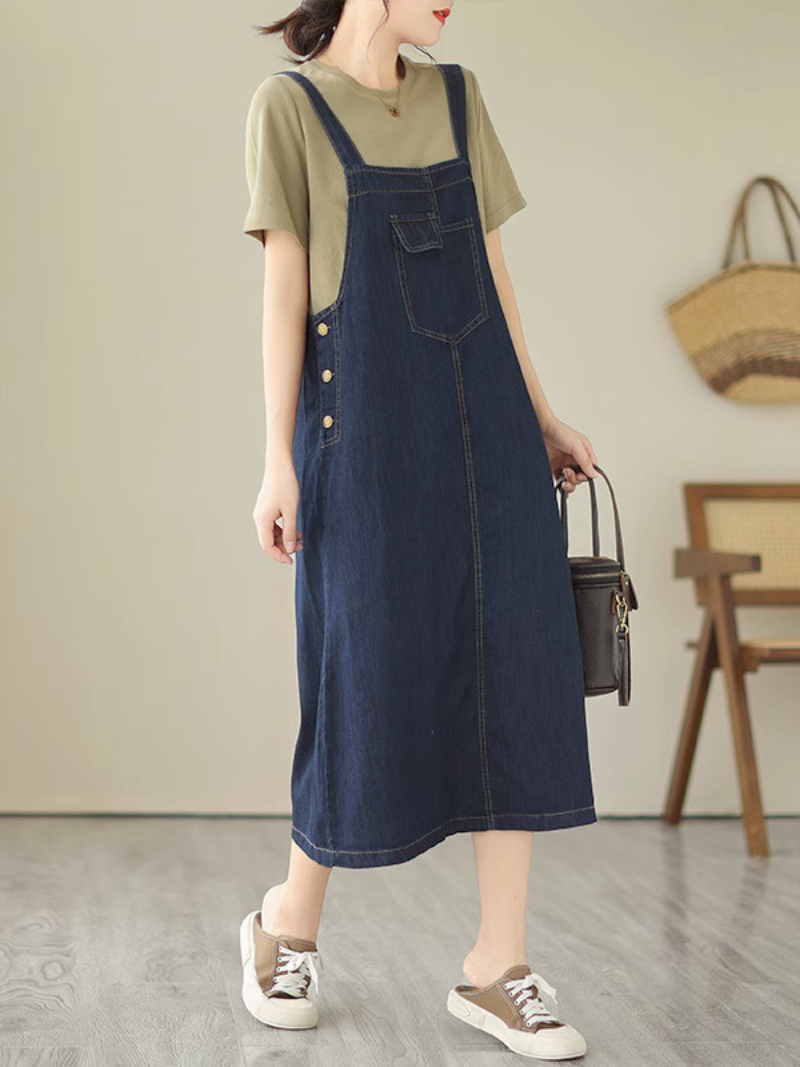 Denim Square-Neck Button-Side A-Line Pinafore Midi Dress