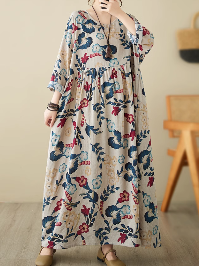 Floral Print Round Neck Long Sleeve Tiered Maxi Dress 6