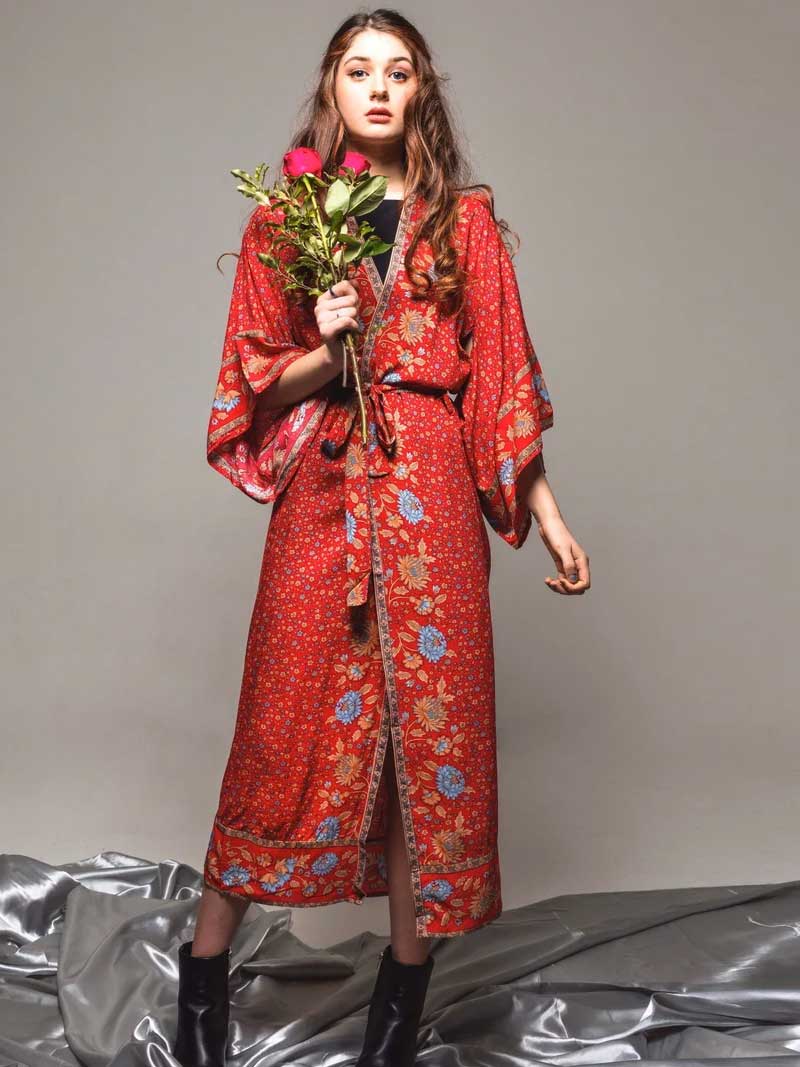 Beachwear Floral Print Red Color Cotton Long Length Gown Kimono Duster Robe - Fashionpara