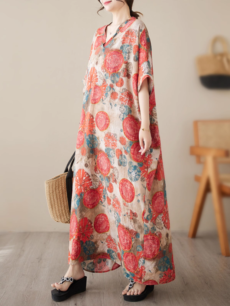 Medallion Print V-Neck Short-Sleeve Kaftan Maxi Dress 4