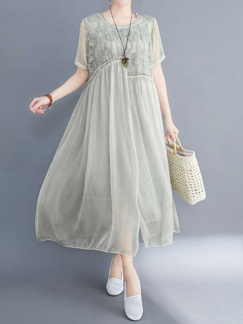 Embroidered Silk Round-Neck A-Line Dress - Fashionpara