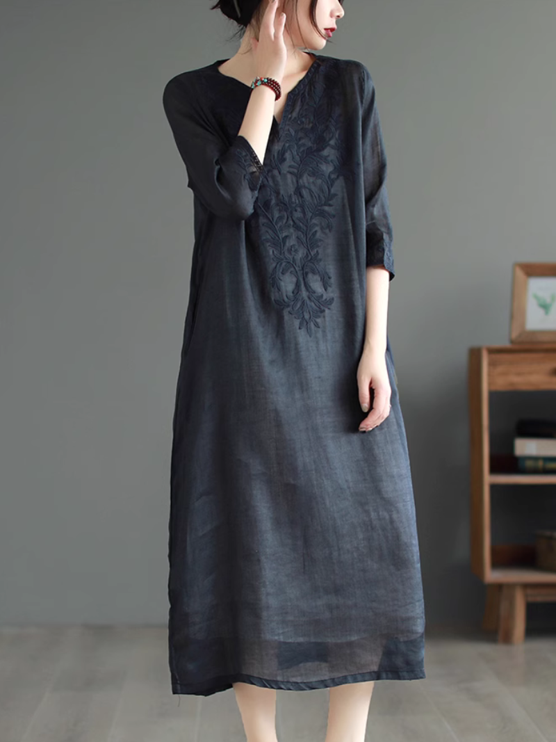 Embroidered Linen Notch-Neck Long-Sleeve Shift Midi Dress 7