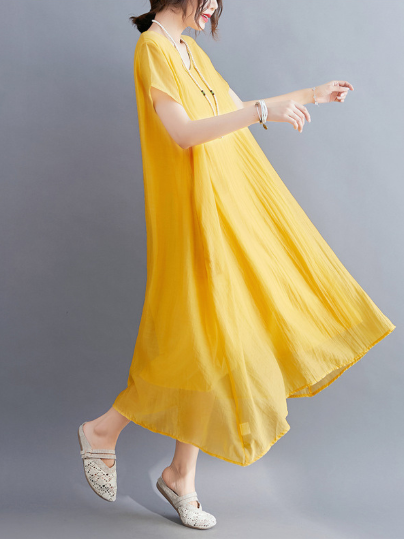 Linen V-Neck Short-Sleeve Layered A-Line Midi Dress 4