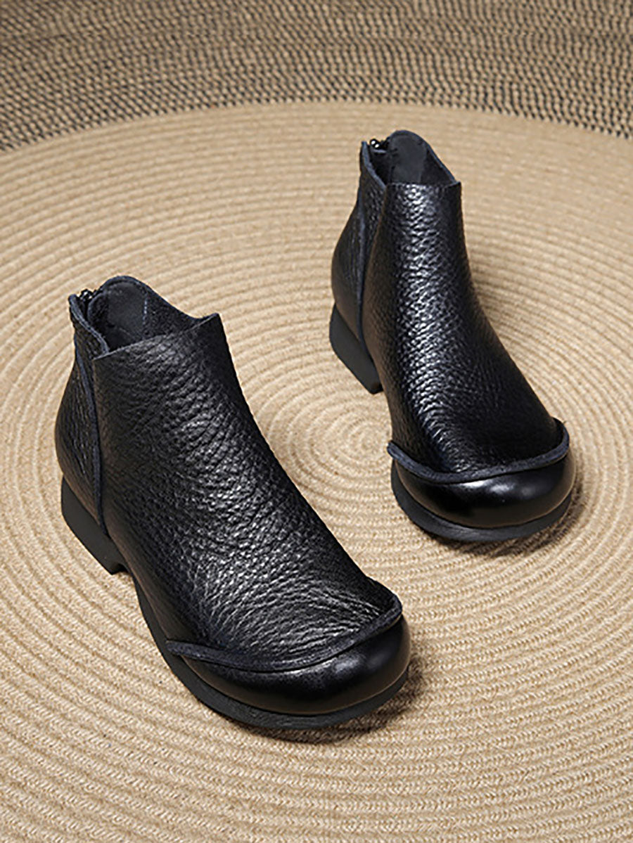 Elegant Solid Leather Spliced Low Heel Boots