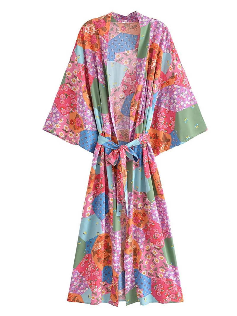 fashionable printing long belt stylish kimono cardigan jacket dress - Fashionpara