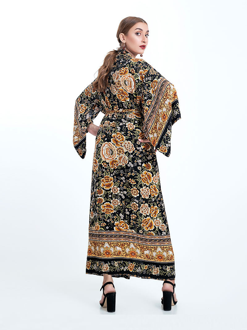 Partywear Floral Print Black Color Cotton Long Length Gown Kimono Duster Robe - Fashionpara