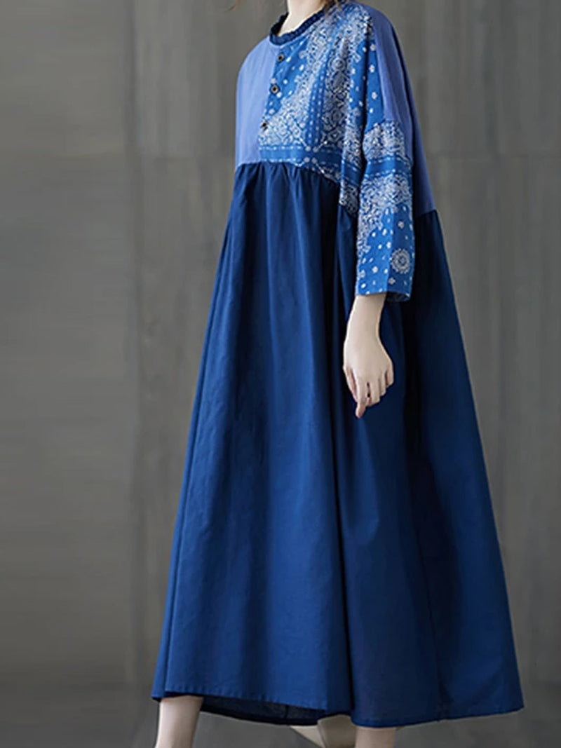 Paisley Patchwork Stand Collar Pleated Smock Midi Dress 8