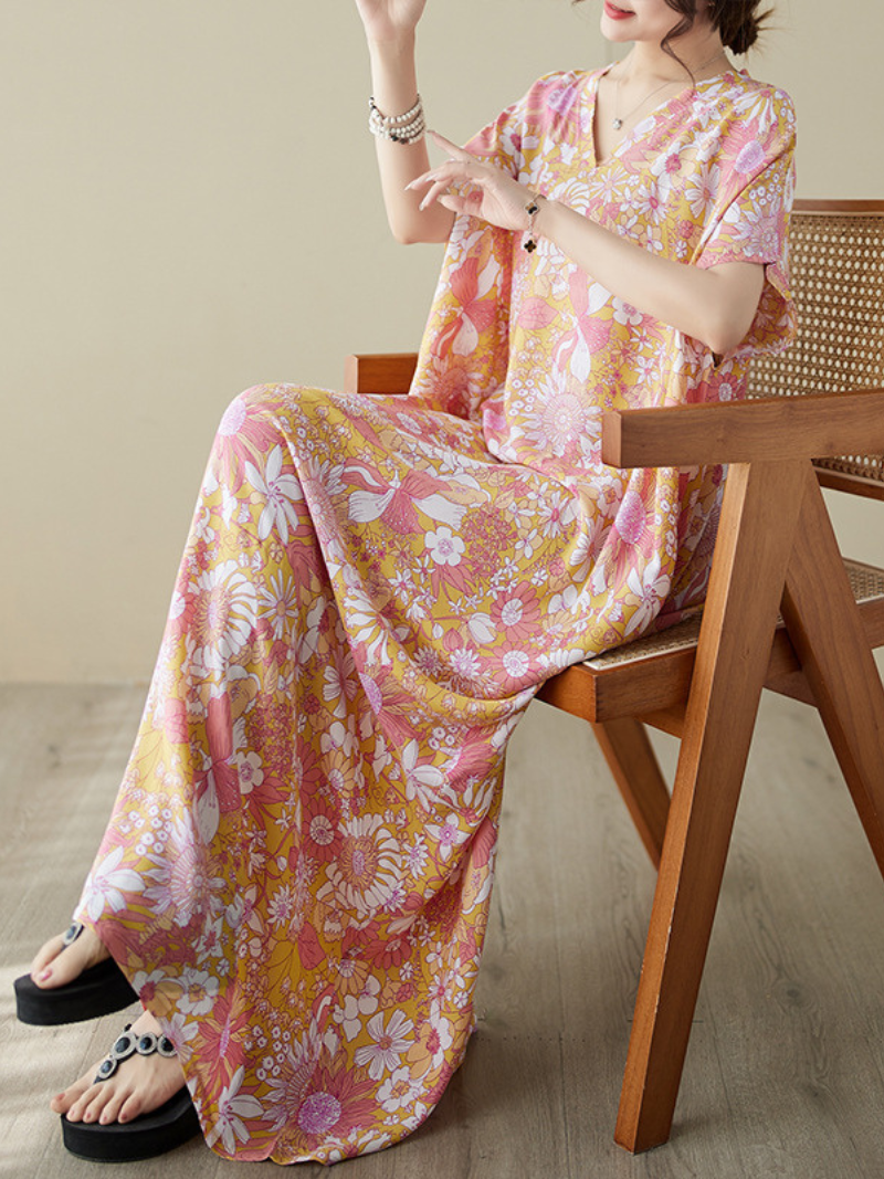 Floral Print V-Neck Short Sleeve Kaftan Maxi Dress
