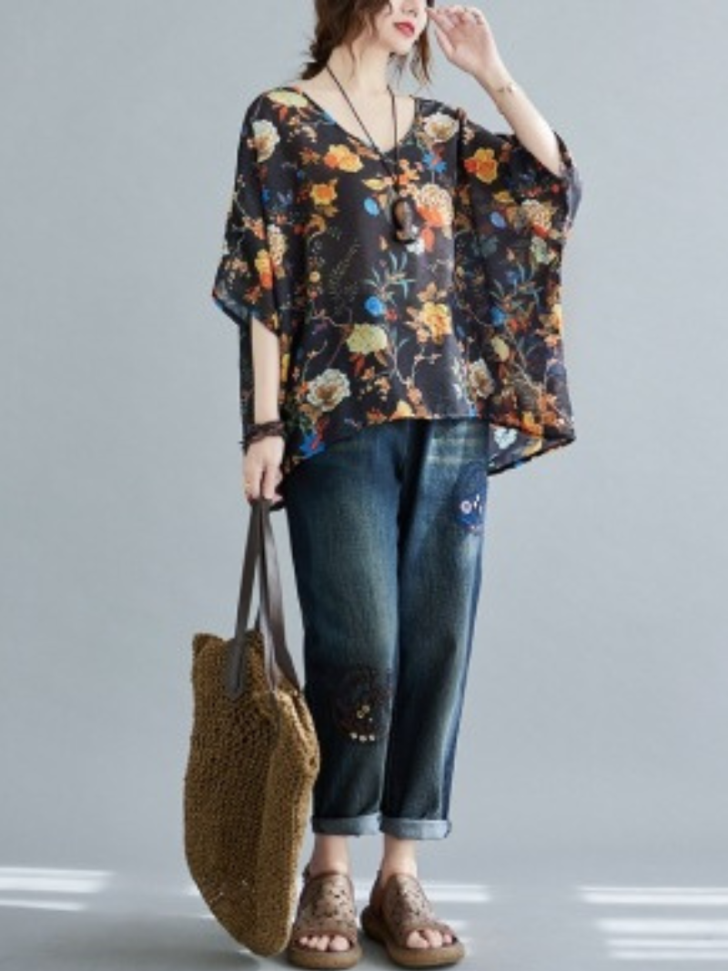 My Heart Big Flower Loose Tops - Fashionpara