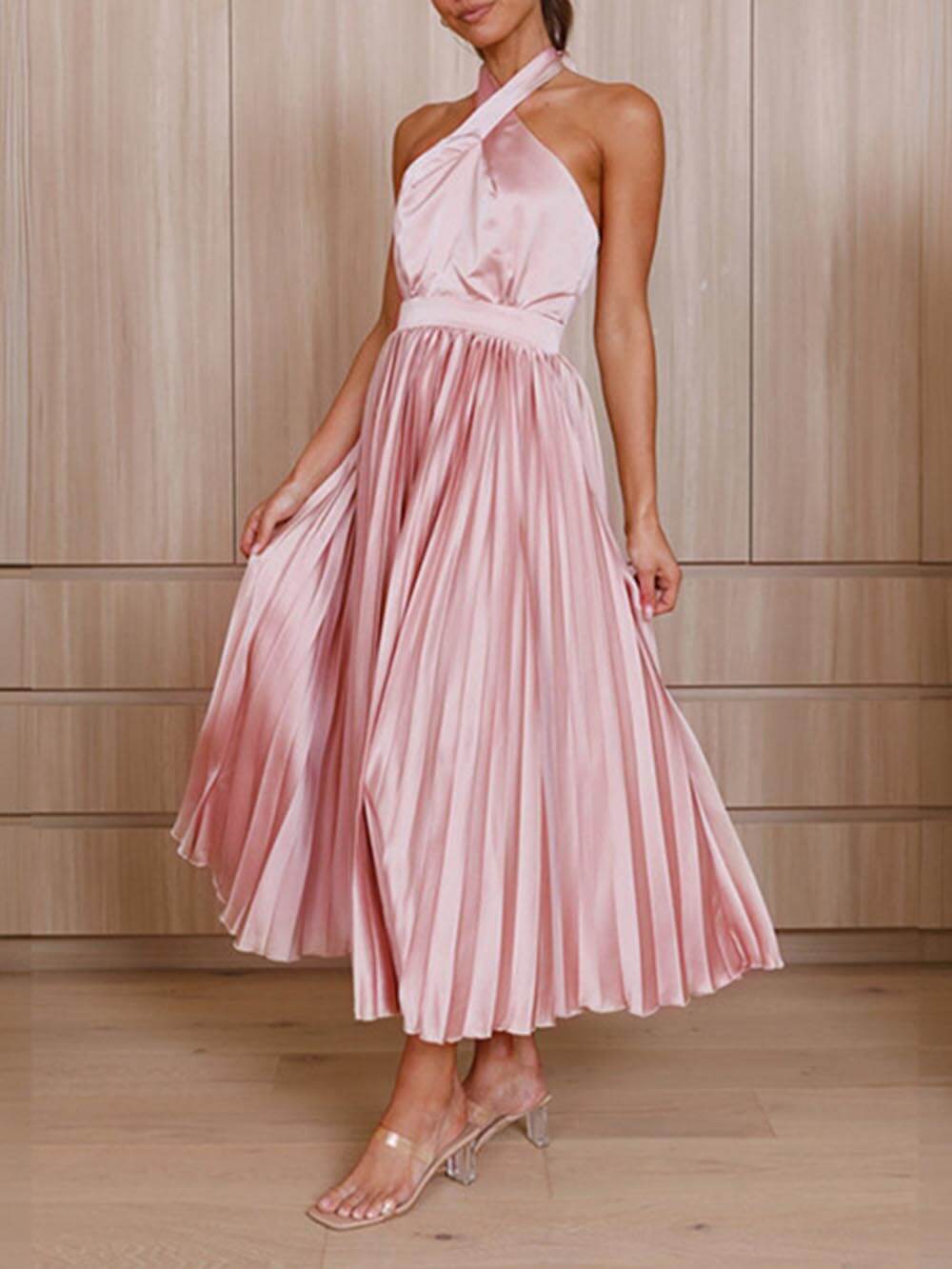 Neckline Pleated Vacation Party Midi Dresses - Fashionpara