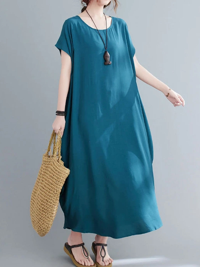 Cotton Round Neck Short Sleeve Cocoon Midi Dress 3