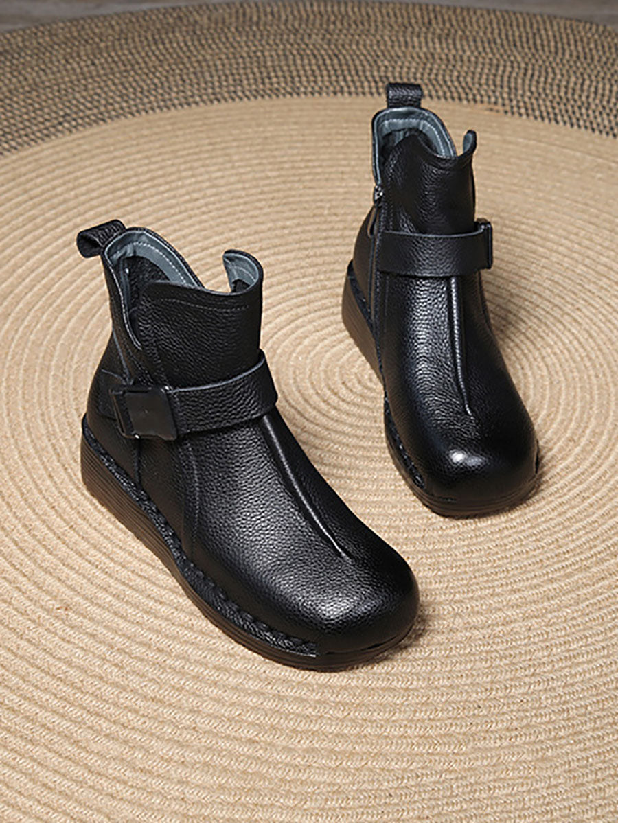Retro Leather Spliced Mid Heel Ankle Boots