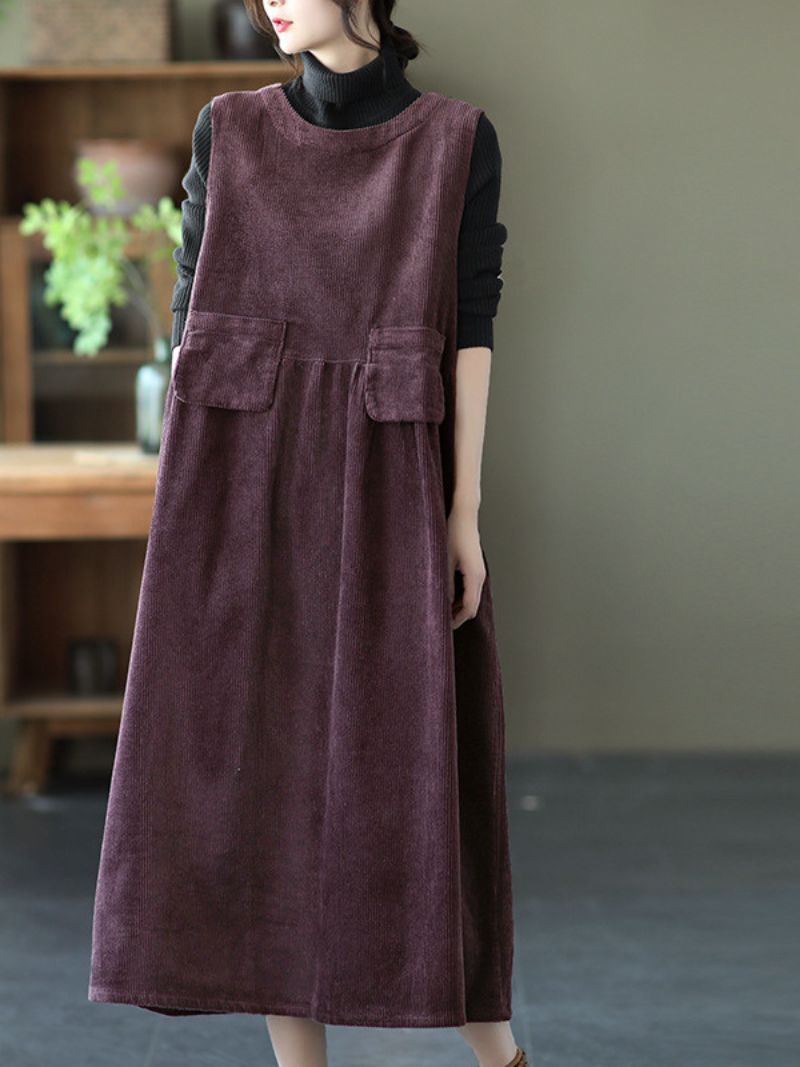 Autumn Corduroy Vest Skirt Loose Sleeveless Strap A-Line Dress 3