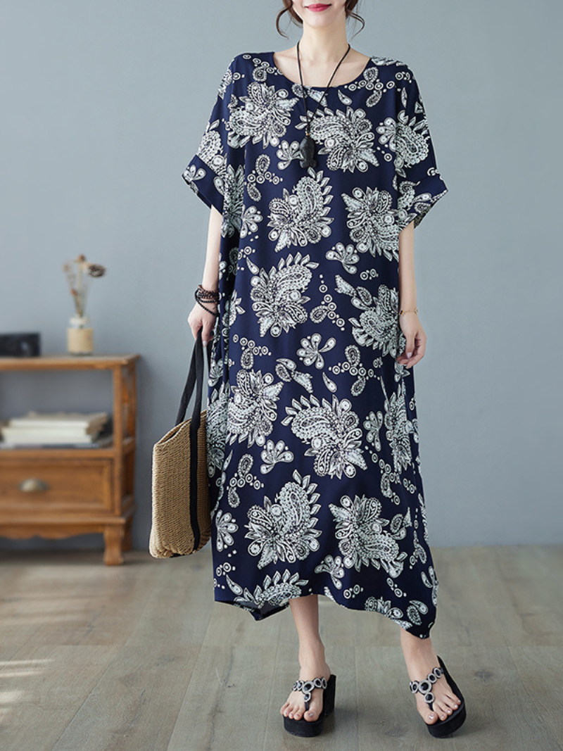 Paisley Print Round Neck Short Sleeve Kaftan Maxi Dress