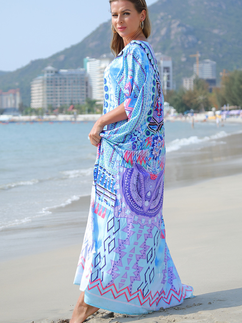 Placement-Print Scoop-Neck Batwing Kaftan Maxi Dress 3