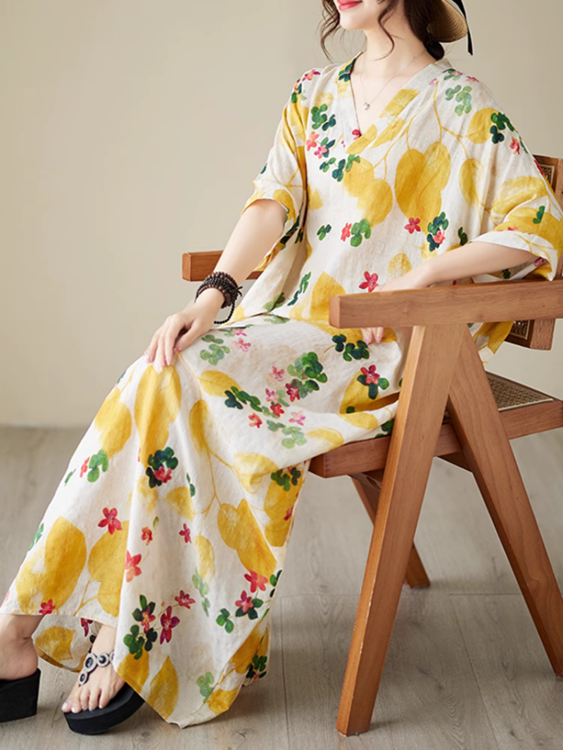 Leaf Print V-Neck Short-Sleeve Kaftan Maxi Dress 5
