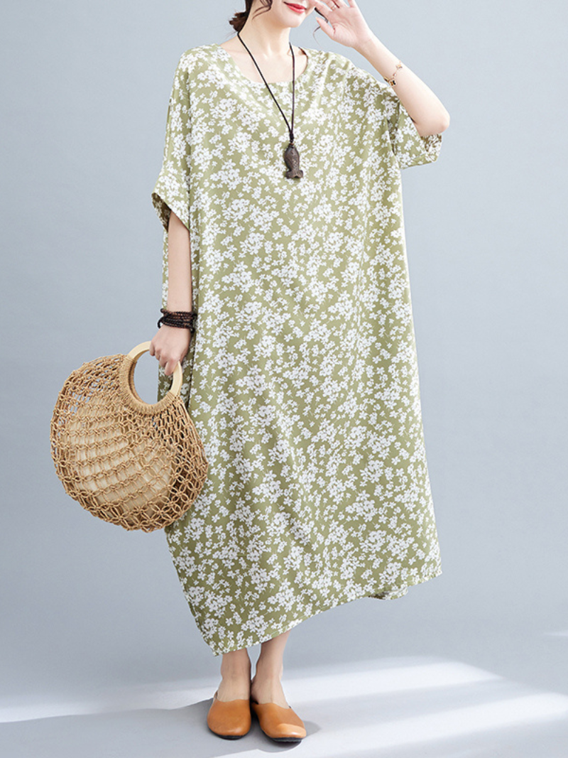 Ditsy Floral Round-Neck Batwing-Sleeve Loose Maxi Dress 3