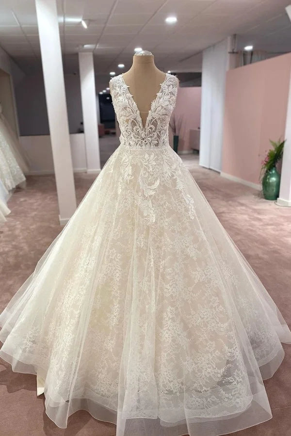 Modest Deep V-neck Wide Straps A-Line Floor-length Wedding Dress With Appliques Lace Tulle