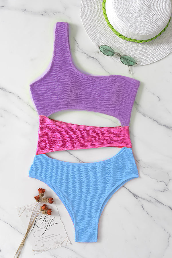 One-Shoulder Contrast Panel Cutout One-Piece Swimsuit - Fashionpara