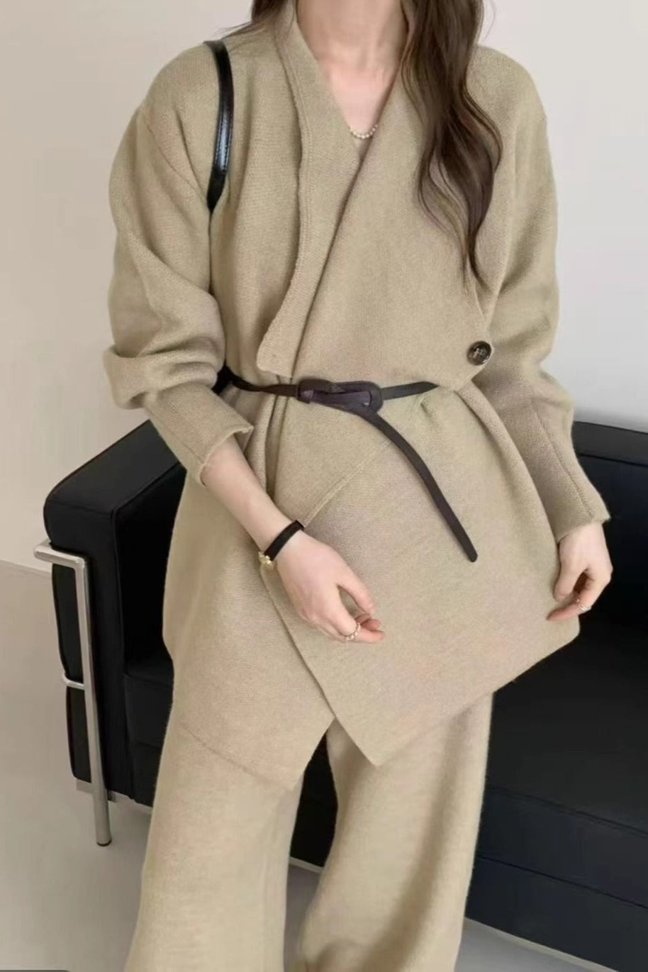 Chic Loose Knit Coat and Wide-Leg Pants Two-Piece Set