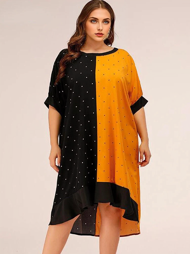 Contrast Color Round Neck Dot Ruffle Hem Dresses 7