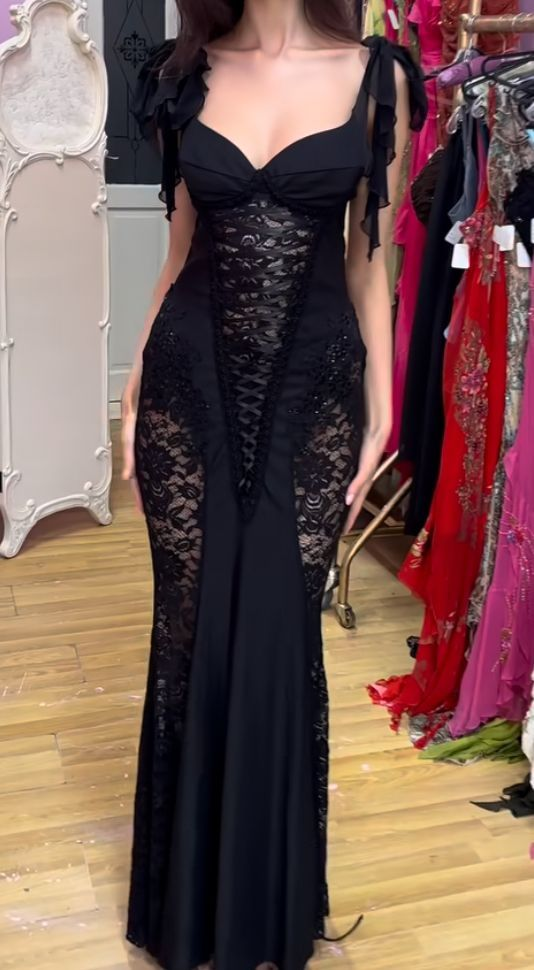Black Lace Sexy Prom Party Dress Evening Dress Birthday Outfit - Fashionpara
