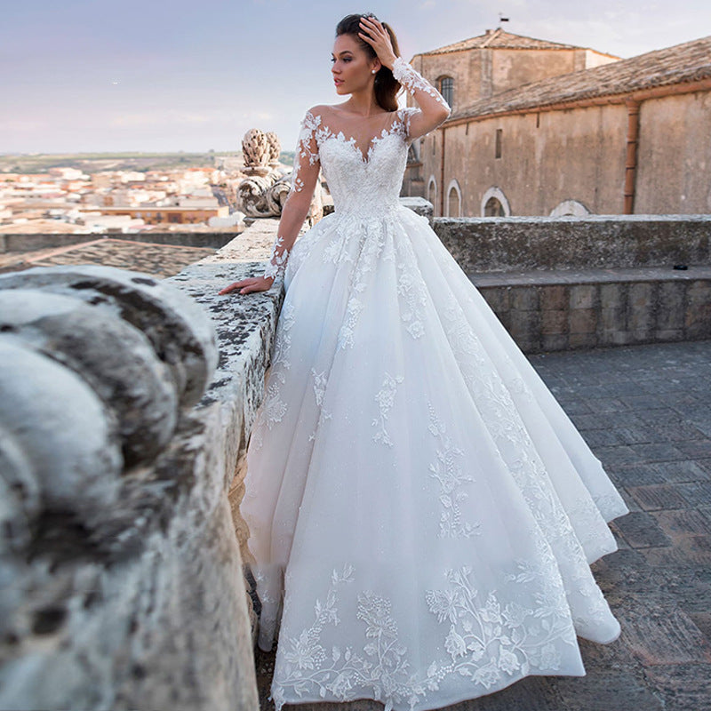 Deep V-Neck Long Tail Wedding Dress