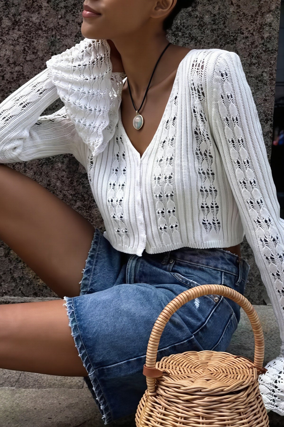 Openwork Flare Sleeve Cropped Cardigan 4