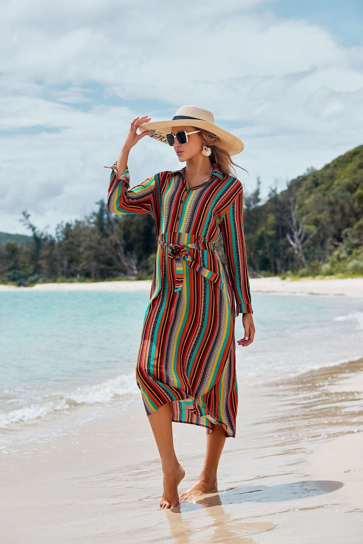 Striped Collared Long Sleeve Belted Shirt Dress