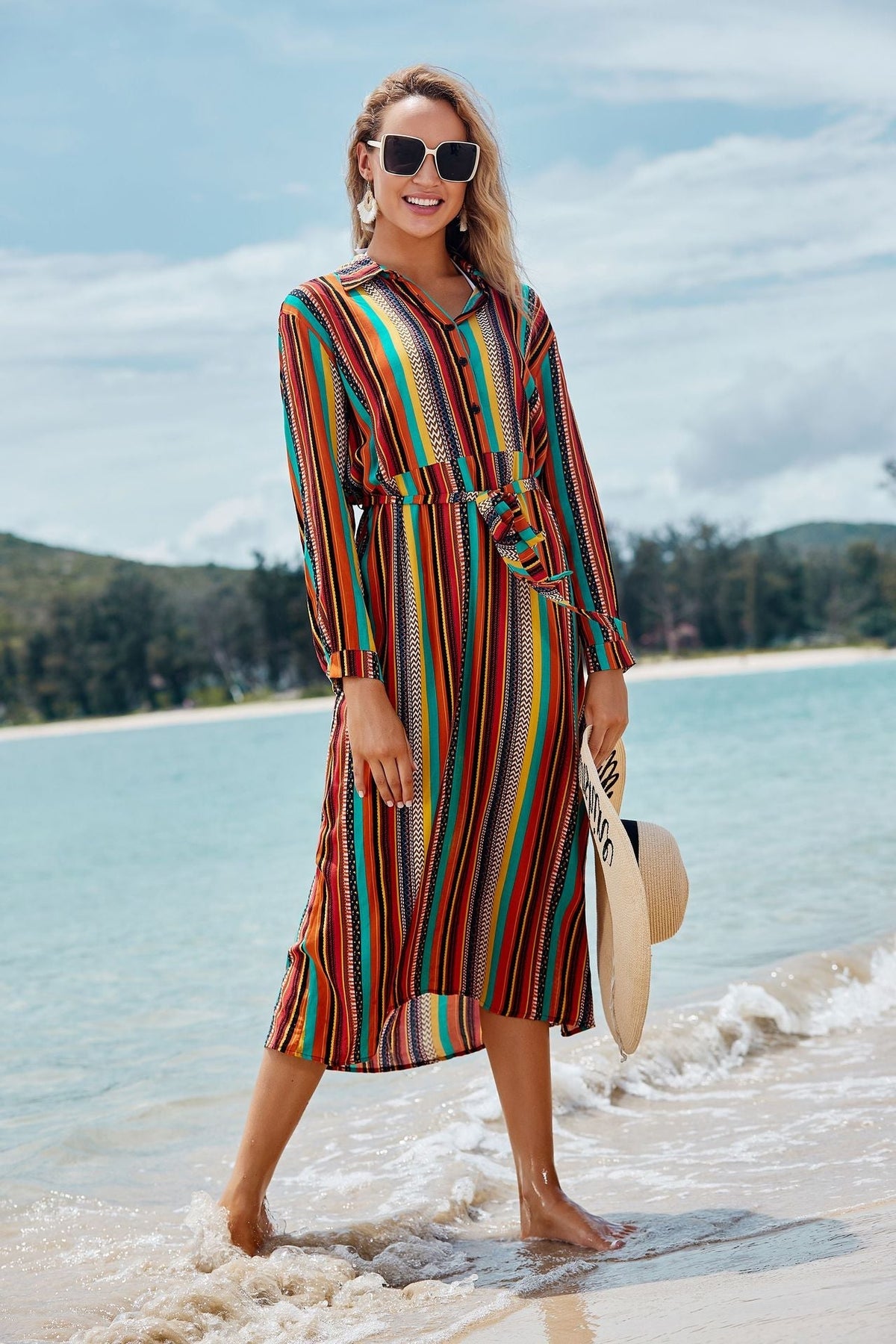 Striped Collared Long Sleeve Belted Shirt Dress