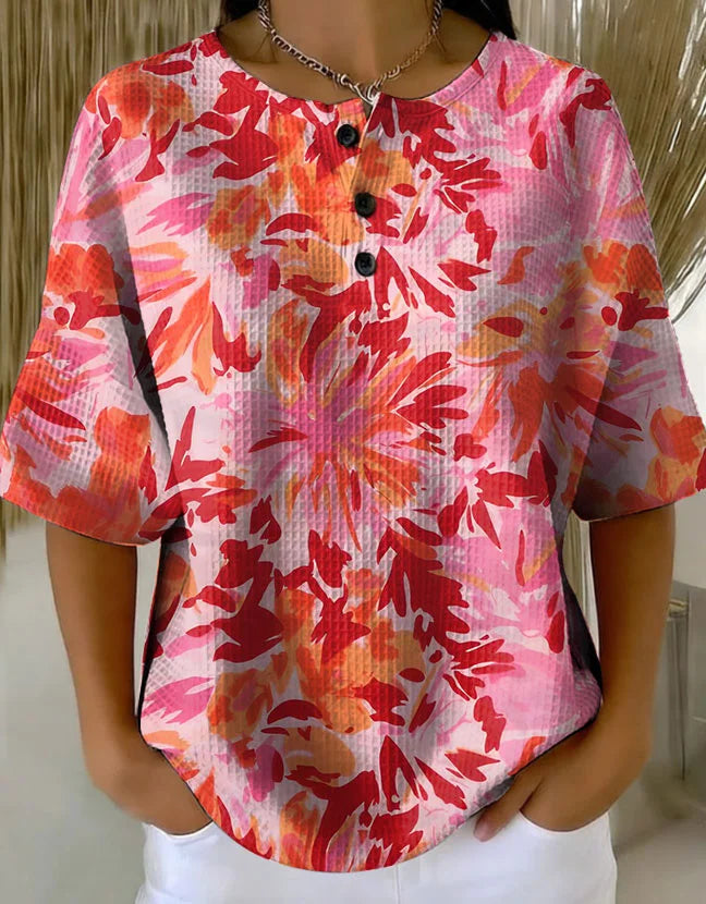 Abstract Floral Print Waffle Knit Short Sleeve Henley Top