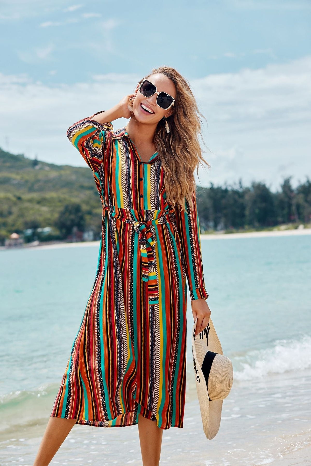 Striped Collared Long Sleeve Belted Shirt Dress