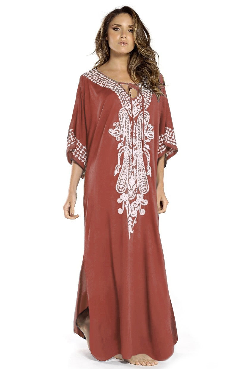 Embroidered Short Sleeve Kaftan Maxi Dress