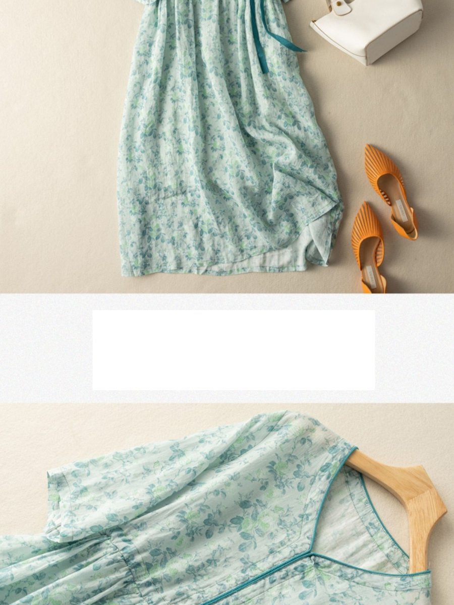 Botanical Floral Print V-Neck Piping Trim A-Line Midi Dress - View 2