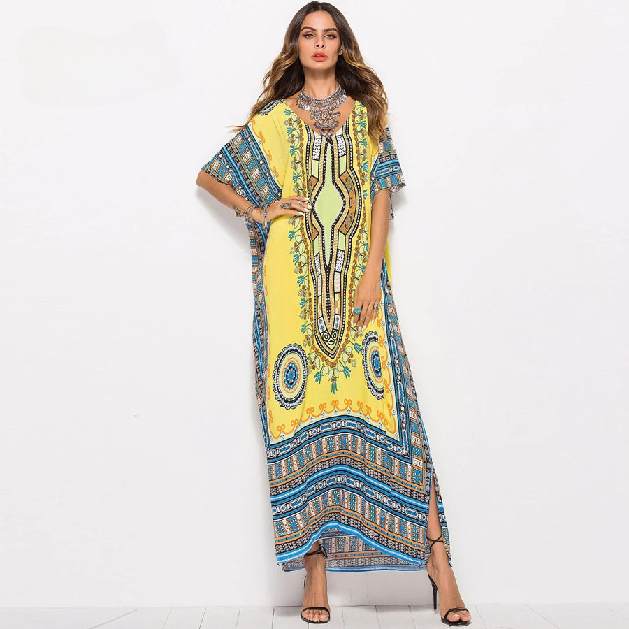 Ethnic Print V-Neck Batwing Sleeve Kaftan Maxi Dress