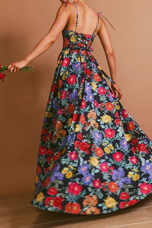 Garden Wedding Floral Print Back Tie-up Pocketed Slit Maxi Dress - Fashionpara