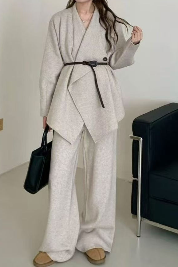Chic Loose Knit Coat and Wide-Leg Pants Two-Piece Set