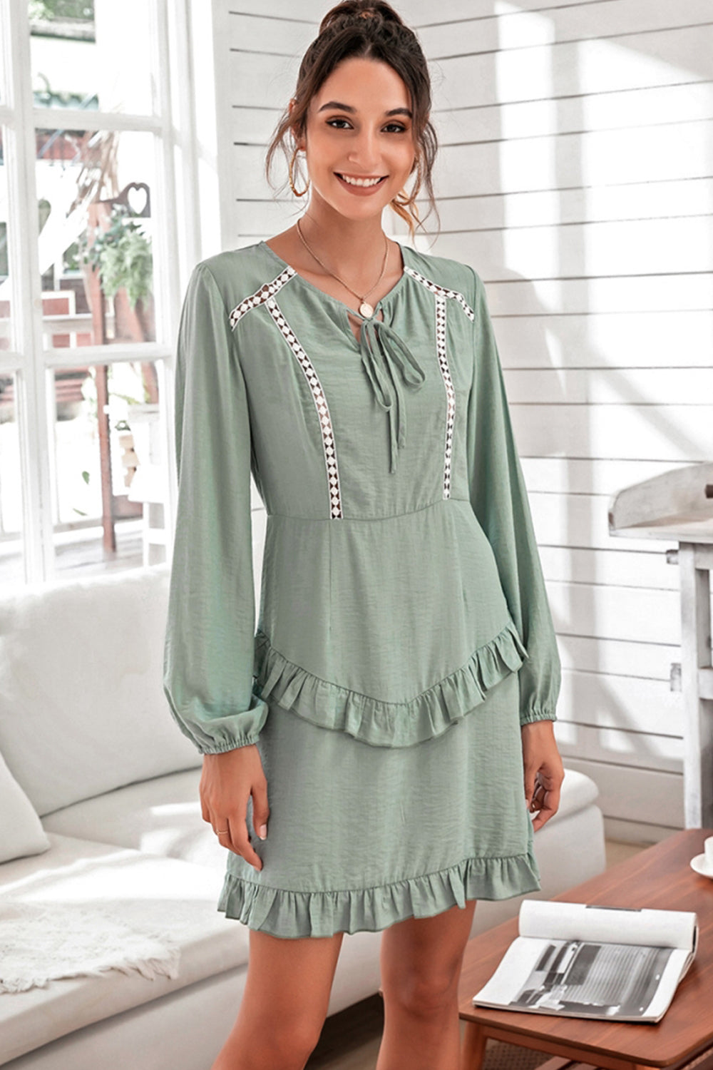 Solid Color Hollow Puff Sleeve Dress - Fashionpara