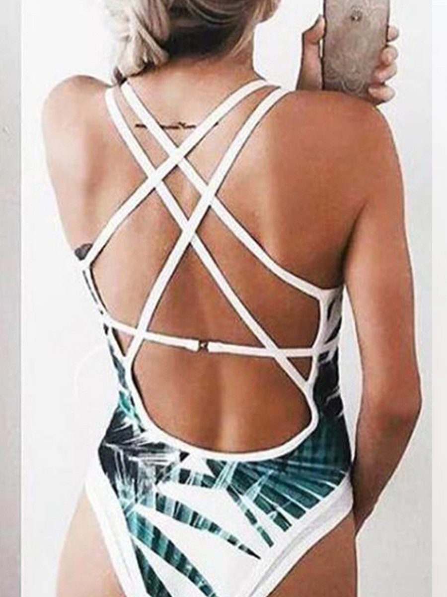 Floral Print Crisscross Strappy Low Back High Leg Deep V One-piece Swimsuit - Fashionpara