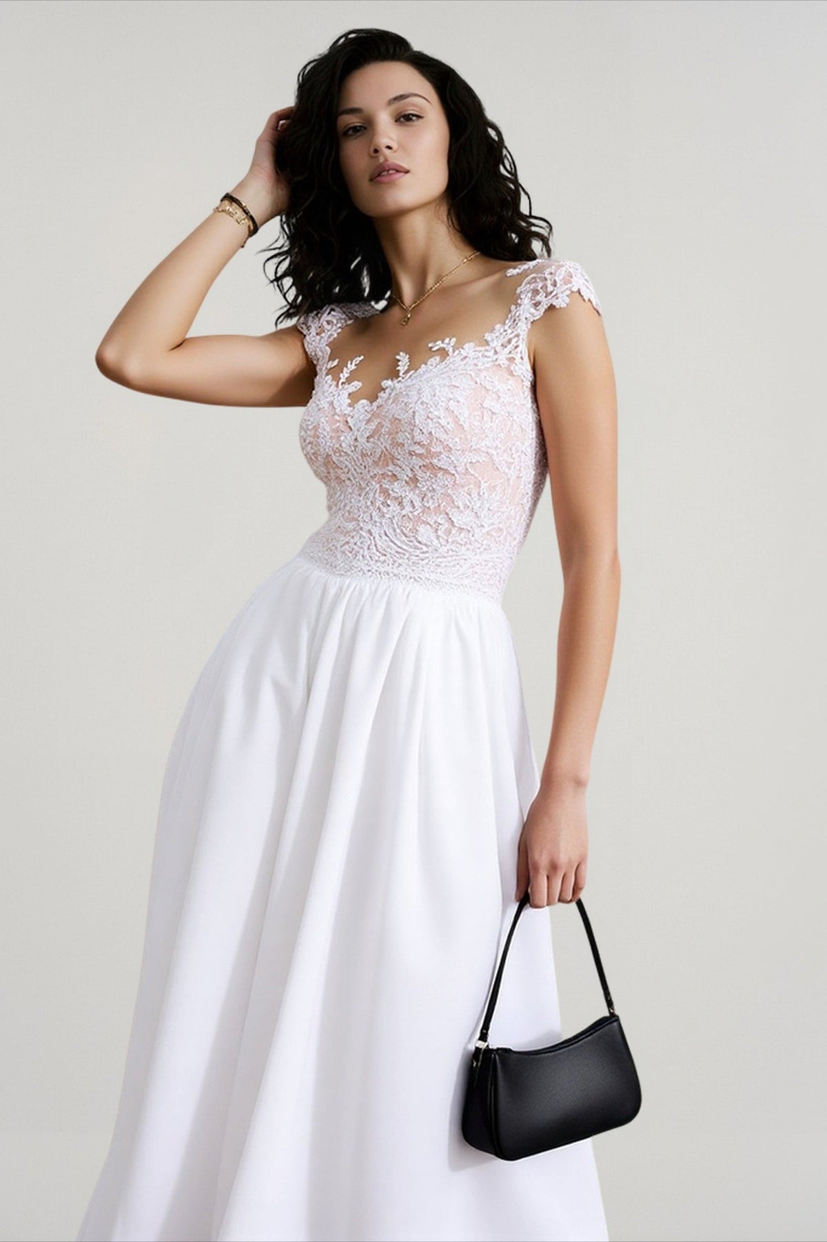 Lace Cap Sleeve Illusion Sweetheart A-Line Dress